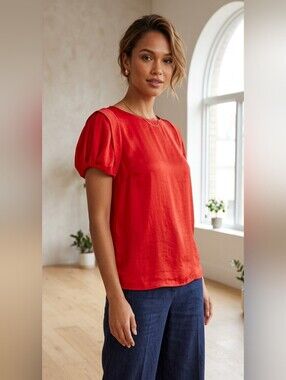 ZARA BASIC red short sleeve silky soft top with puff sleeve medium